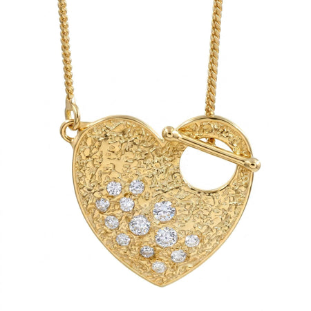 Textured Heart Toggle Pendant Necklace with Swarovski Crystal – 18K Gold & Silver Plated