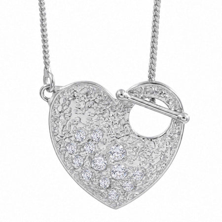 Textured Heart Toggle Pendant Necklace with Swarovski Crystal – 18K Gold & Silver Plated