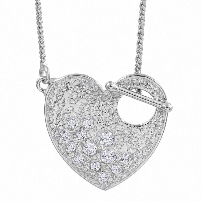 Textured Heart Toggle Pendant Necklace with Swarovski Crystal – 18K Gold & Silver Plated