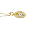 Swarovski Crystal Taurus bull pendant necklace in 1 micron 18K gold plated finish, suspended from a gold box chain against a white background.