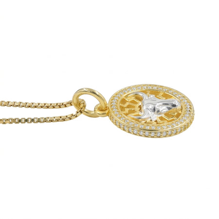 Swarovski Crystal Taurus bull pendant necklace in 1 micron 18K gold plated finish, suspended from a gold box chain against a white background.