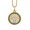 Black onyx Taurus bull pendant necklace in 1 micron 18K gold plated finish, suspended from a gold box chain against a white background.