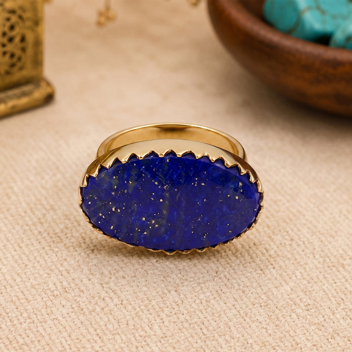 Natural lapis lazuli statement ring with large blue gemstone in 18K gold plated and silver plated finish for women