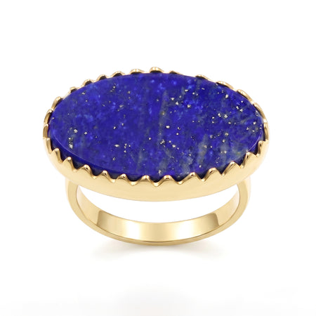 Natural lapis lazuli statement ring with large blue gemstone in 18K gold plated and silver plated finish for women