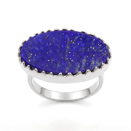 Natural lapis lazuli statement ring with large blue gemstone in 18K gold plated and silver plated finish for women