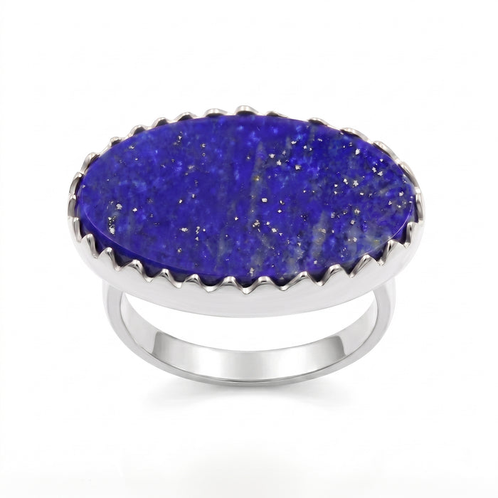 Natural lapis lazuli statement ring with large blue gemstone in 18K gold plated and silver plated finish for women