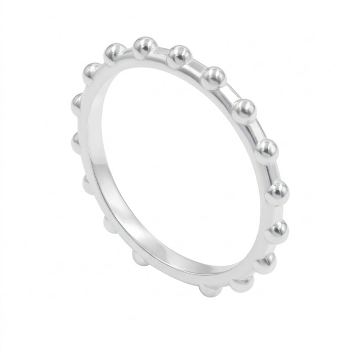 A silver beaded ring with evenly spaced small metallic beads around the outer edge, shown on a plain white background.