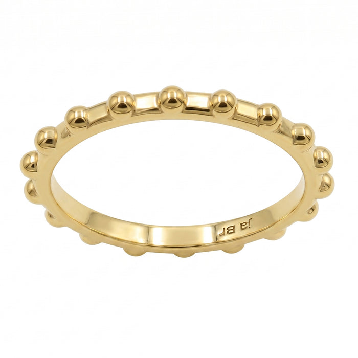A yellow gold beaded band ring with a polished finish, set against a plain white background.