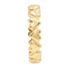 A polished yellow gold ring featuring a vertical column of raised, wavy heart-shaped links, shown against a plain white background.