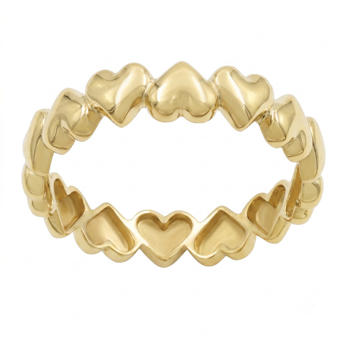 A gold heart-link band ring with a polished finish, featuring a continuous row of raised heart-shaped links, shown on a plain white background.