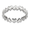 A silver heart-link band ring with a polished finish, featuring a continuous row of interlocking heart-shaped links on a plain white background.