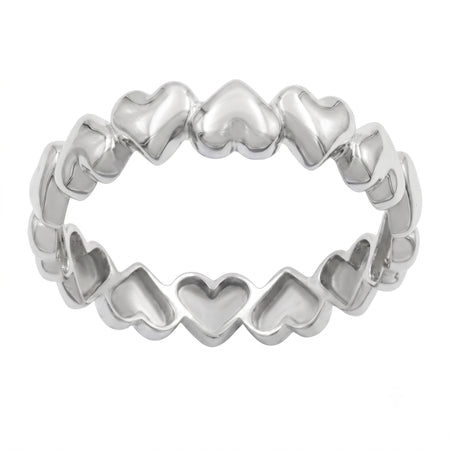A silver heart-link band ring with a polished finish, featuring a continuous row of interlocking heart-shaped links on a plain white background.