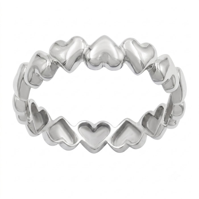 A silver heart-link band ring with a polished finish, featuring a continuous row of interlocking heart-shaped links on a plain white background.