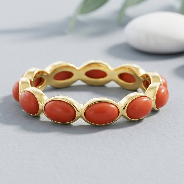 Natural Coral Gemstone Ring For Women | 18K Gold Plated