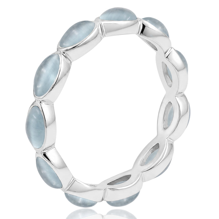 Silver ring with Aquamarine blue gemstones on a white background