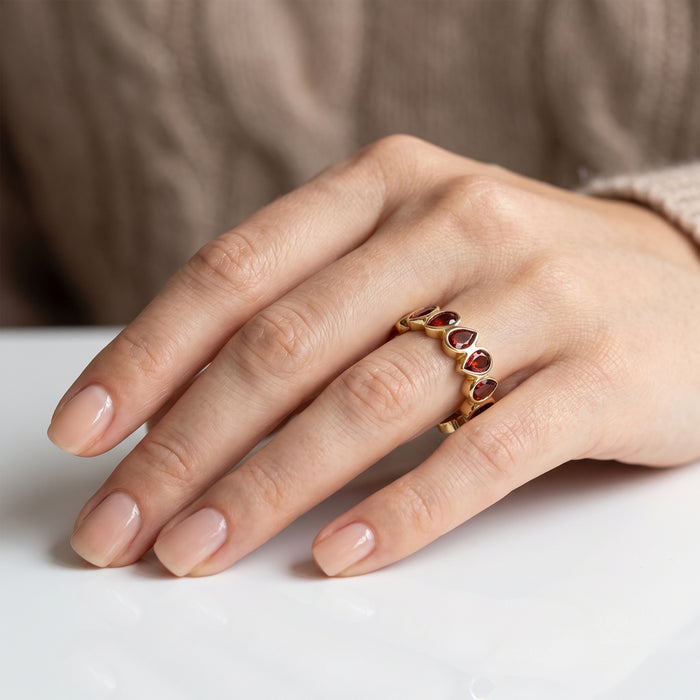 Natural Garnet Pear Statement Ring in 18K Gold Plated Finish with 16 Pear-Shaped Gemstones
