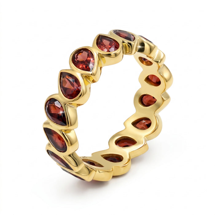 Natural Garnet Pear Statement Ring in 18K Gold Plated Finish with 16 Pear-Shaped Gemstones