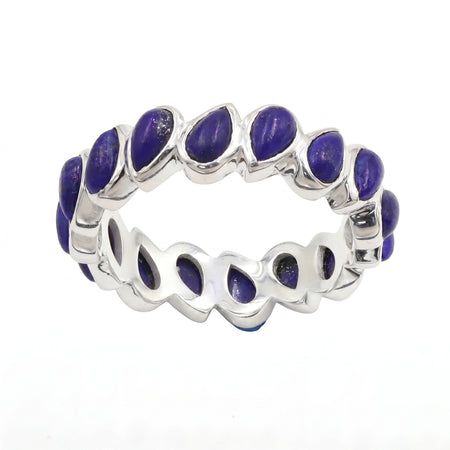 Front view of silver plated eternity statement ring set with 16 pear-cut natural lapis lazuli gemstones