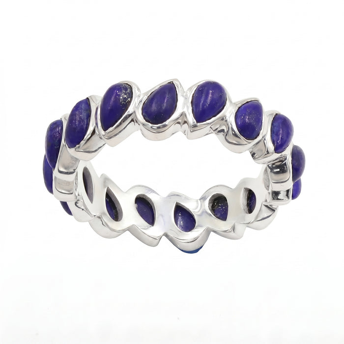 Front view of silver plated eternity statement ring set with 16 pear-cut natural lapis lazuli gemstones