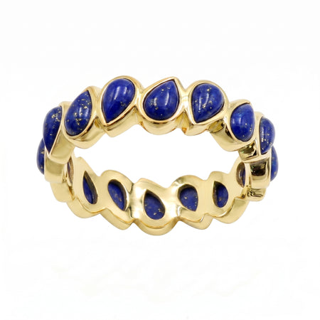 Front view of 18K gold plated eternity statement ring set with 16 pear-cut natural lapis lazuli gemstones