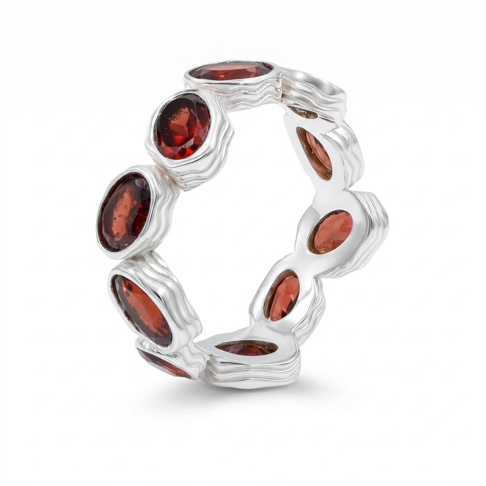 Natural garnet eternity band ring with 10 oval 4x6 mm garnet gemstones in Silver plated finish