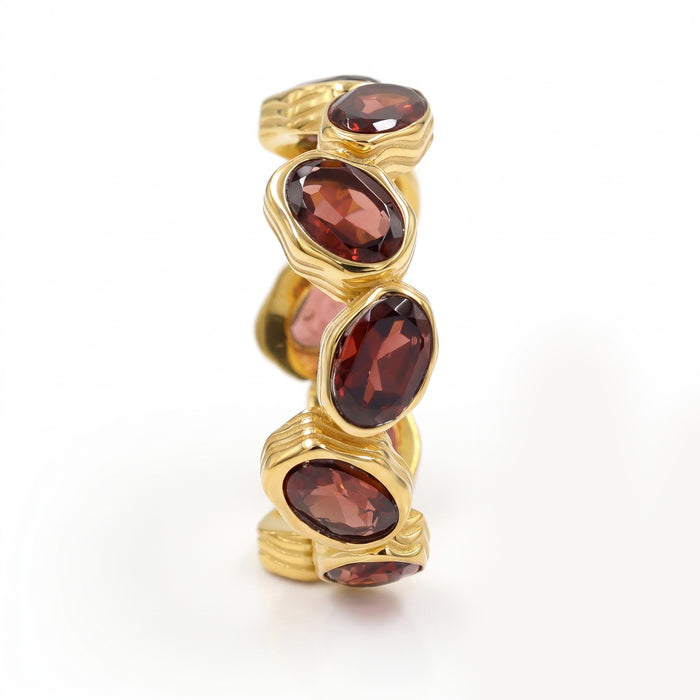 Natural garnet eternity band ring with 10 oval 4x6 mm garnet gemstones in gold plated finish