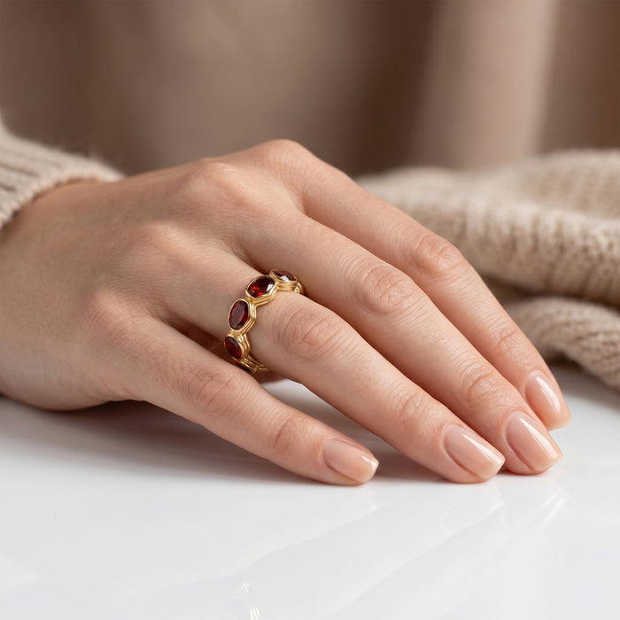 Natural garnet eternity band ring with 10 oval 4x6 mm garnet gemstones in gold plated finish