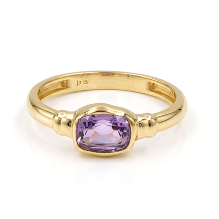 Natural cushion cut amethyst ring for women in 18K gold plated and silver plated finishes with a genuine 5×7 mm purple gemstone.