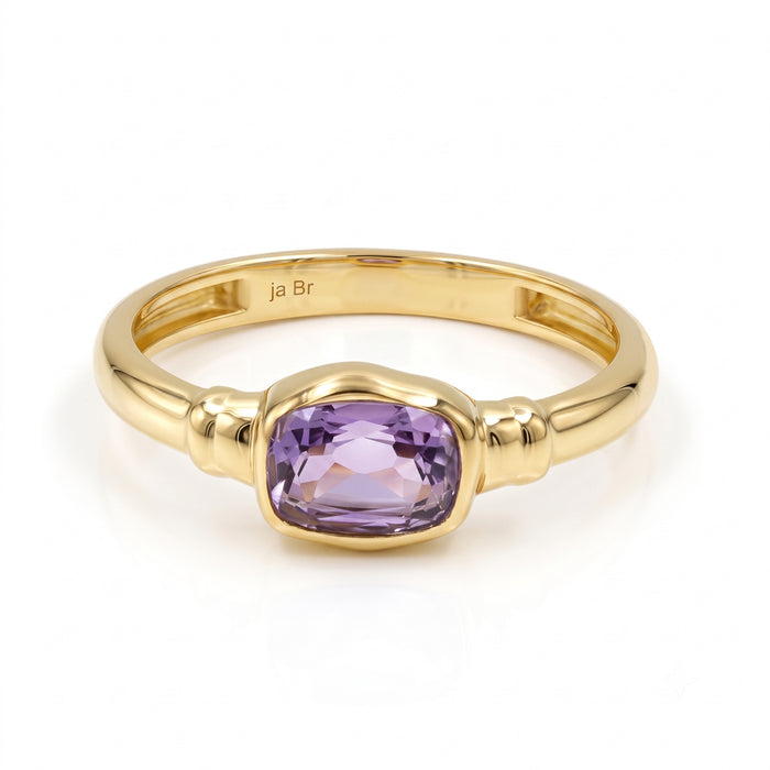 Natural cushion cut amethyst ring for women in 18K gold plated and silver plated finishes with a genuine 5×7 mm purple gemstone.