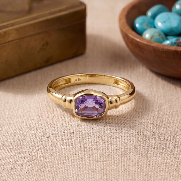 Natural cushion cut amethyst ring for women in 18K gold plated and silver plated finishes with a genuine 5×7 mm purple gemstone.