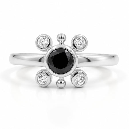 Natural black onyx ring in silver plated finish with one 5×5 mm round black onyx gemstone and four Swarovski crystal accents.