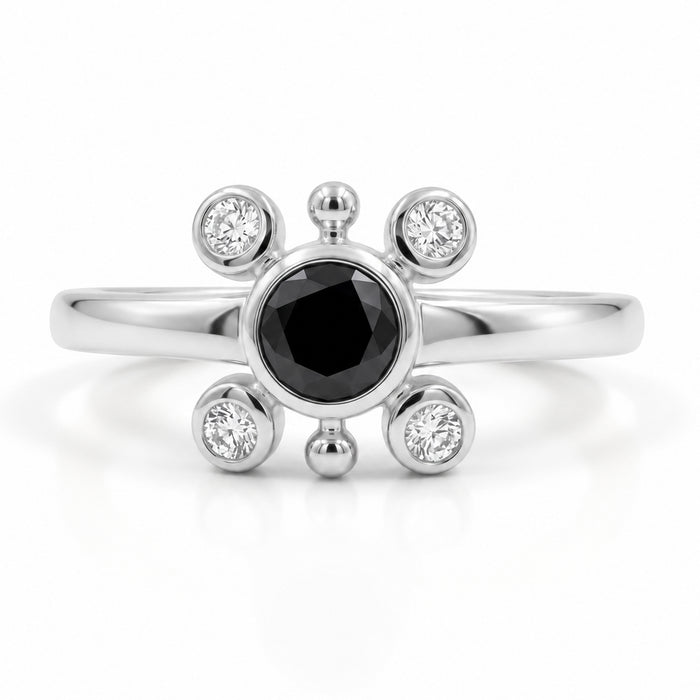 Natural black onyx ring in silver plated finish with one 5×5 mm round black onyx gemstone and four Swarovski crystal accents.