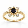 Natural black onyx ring in 18K gold plated finish with one 5×5 mm round black onyx gemstone and four Swarovski crystal accents.