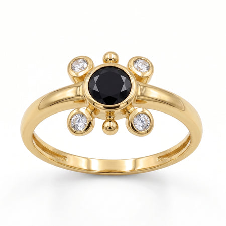 Natural black onyx ring in 18K gold plated finish with one 5×5 mm round black onyx gemstone and four Swarovski crystal accents.