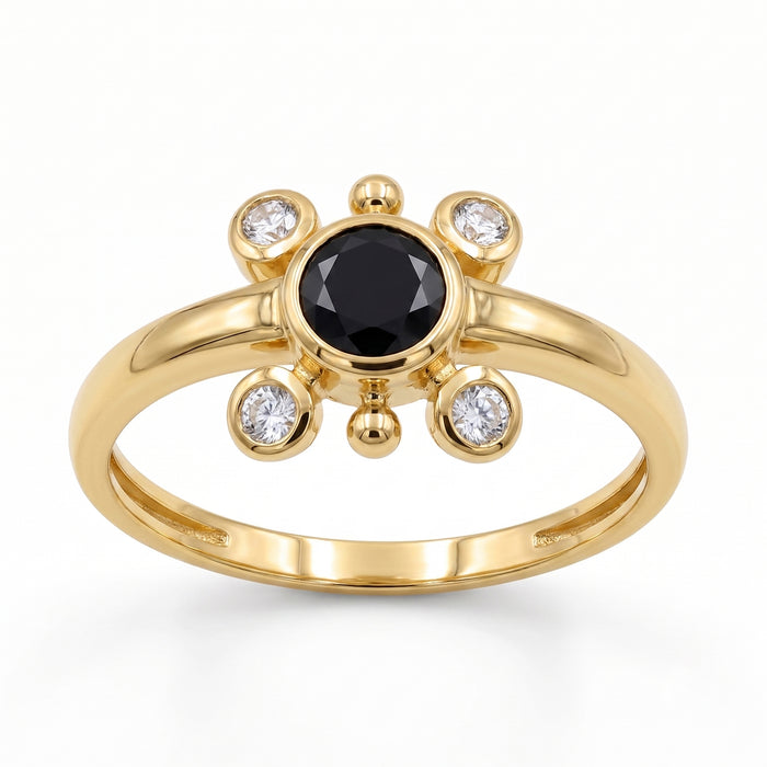 Natural black onyx ring in 18K gold plated finish with one 5×5 mm round black onyx gemstone and four Swarovski crystal accents.