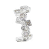A silver ring featuring a series of hexagonal, round and square bezel-set clear gemstones, displayed on a clean white background.