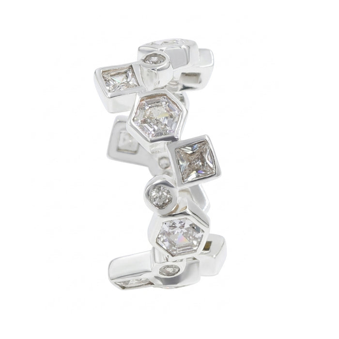 A silver ring featuring a series of hexagonal, round and square bezel-set clear gemstones, displayed on a clean white background.