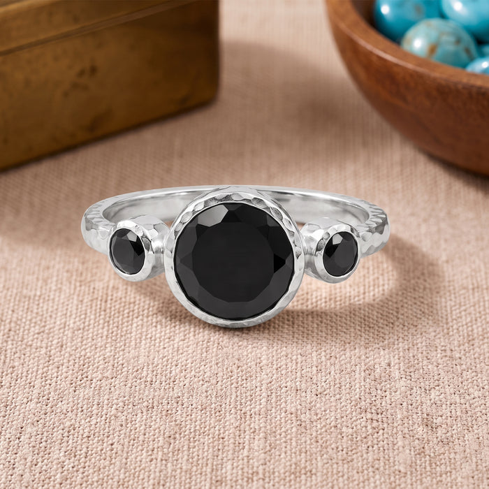 natural black onyx three stone ring in 18k gold plated finish with round bezel set gemstones
