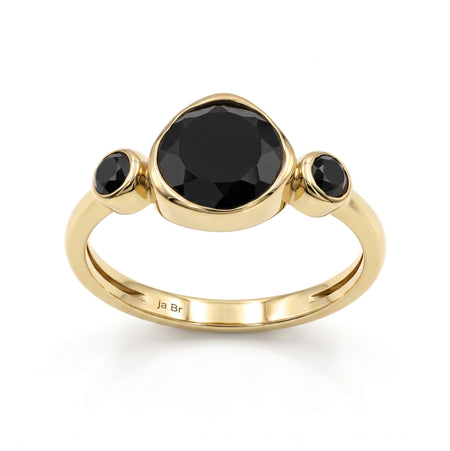 natural black onyx three stone ring in 18k gold plated finish with round bezel set gemstones