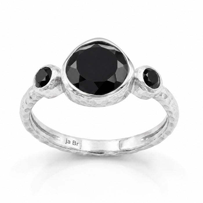 natural black onyx three stone ring in 18k gold plated finish with round bezel set gemstones