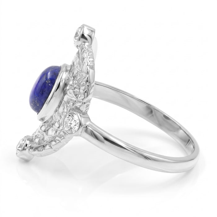 Natural lapis lazuli statement ring with Swarovski crystal accents in silver plated finish.