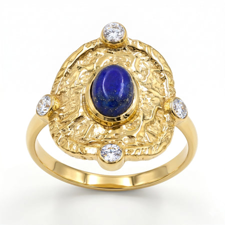 Natural lapis lazuli statement ring with Swarovski crystal accents in 18K gold plated finish.