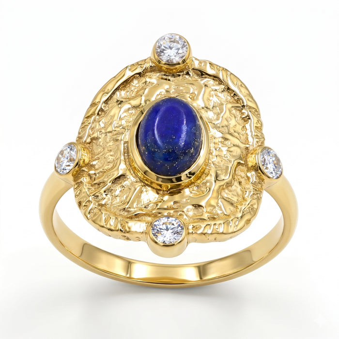 Natural lapis lazuli statement ring with Swarovski crystal accents in 18K gold plated finish.