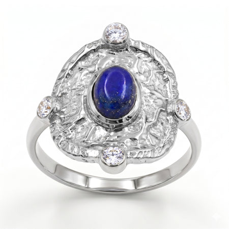 Natural lapis lazuli statement ring with Swarovski crystal accents in silver plated finish.