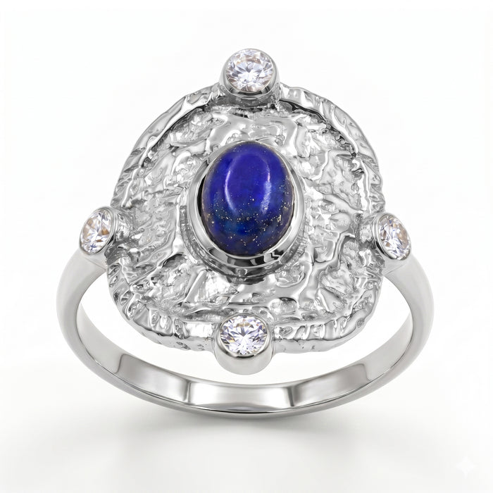 Natural lapis lazuli statement ring with Swarovski crystal accents in silver plated finish.