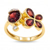 Natural garnet floral bypass ring with pear-cut garnet gemstones and Swarovski crystal accents in 18K gold & silver plated finish on a white background.