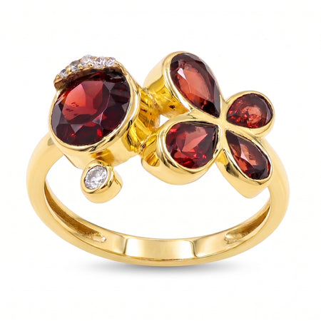Natural garnet floral bypass ring with pear-cut garnet gemstones and Swarovski crystal accents in 18K gold & silver plated finish on a white background.