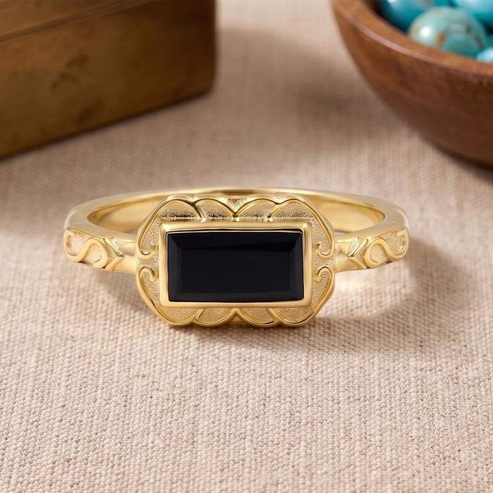 Natural Black Onyx Baguette Ring – 18K Gold & Silver Plated Jewelry