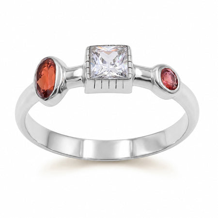 Natural garnet and Swarovski crystal ring in 18K gold plated and silver plated finishes featuring oval, round, and square bezel-set gemstones