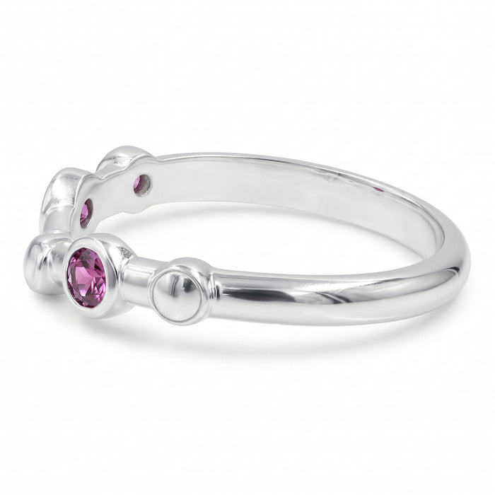 Silver plated adjustable lab grown ruby open ring with two round 3x3mm ruby gemstones for women
